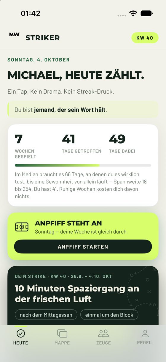 Die Heute-Ansicht von STRIKER mit dem laufenden Strike