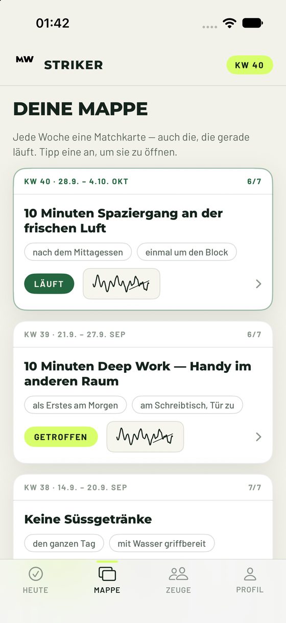 Die Mappe mit den Matchkarten vergangener Wochen